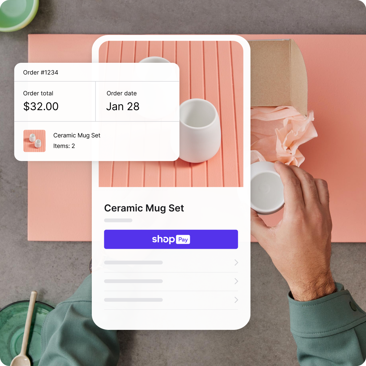 Produktside med tekopper i keramik og betalingsoplevelsen med Shop Pay på mobilskærmen