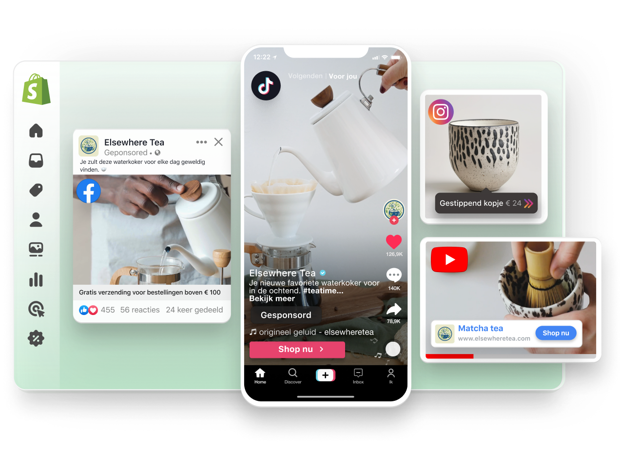 Een weergave van het venster Shopify-beheercentrum. Over het venster staat een door Facebook gesponsorde advertentie en een door TikTok gesponsorde video, waarbij op allebei een witte theepot wordt verkocht. Aan de rechterkant staat een gesponsorde YouTube-video en een Instagram-post met een producttag, die beide een gestippeld kopje promoten.