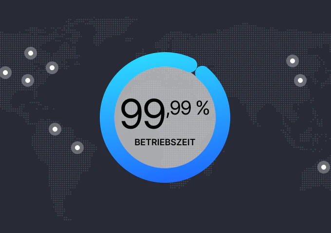 Eine Weltkarte mit einer Statistik, die eine Betriebszeit von 99,99 % zeigt