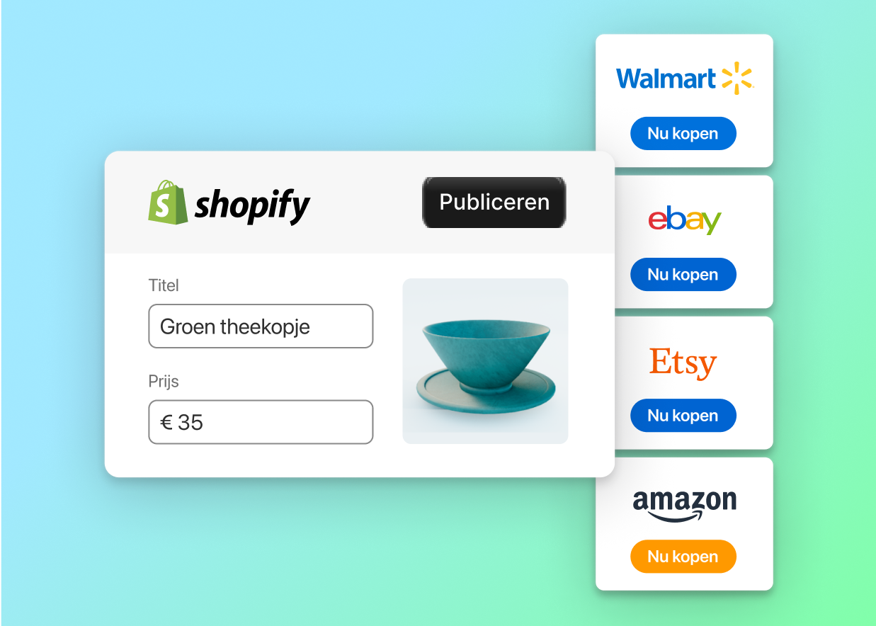 Deze afbeelding toont een diagram waarin wordt geïllustreerd hoe je een Shopify Store kan verbinden met meerdere online marktplaatsen, zoals Amazon, Walmart, eBay en Etsy.