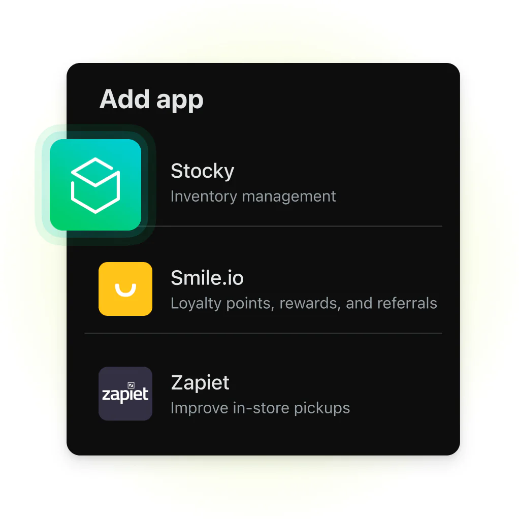 Eine Liste von Apps. Die erste App namens „Stocky“ hat laut ihrer Beschreibung „Inventarmanagement“-Funktionen und ist farblich hervorgehoben. Das bedeutet, dass sie ausgewählt wurde und zu Shopify POS hinzugefügt wird.