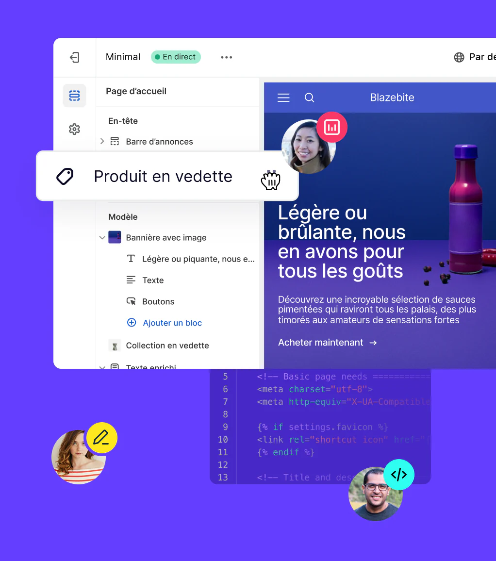 Plusieurs collaborateurs créant une boutique ensemble grâce à Liquid et à l’éditeur de boutique en ligne Shopify