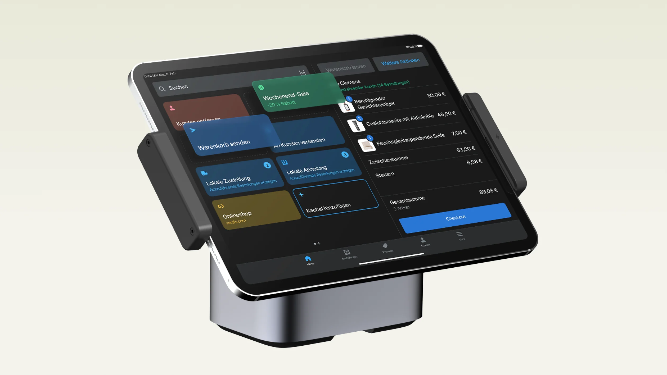 Nahaufnahme eines Tablets mit Shopify POS auf dem Homescreen. Auf der rechten Seite des Bildschirms befindet sich der Checkout, auf der linken Seite das anpassbare Raster.