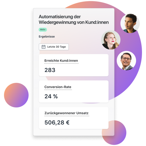 Ein Performance-Dashboard für die Vorlage "Kundenrückgewinnung", das die erreichten Kund:innen, die Conversion-Rate und die zurückgewonnenen Verkäufe aufführt. Ein großer Kreis und zwei kleine Kreise mit einem lila Farbverlauf befinden sich im Hintergrund, während drei kleine Kreise mit einem schwarzen Mann, einer weißen Frau und einem asiatischen Mann im Vordergrund rechts zu sehen sind.