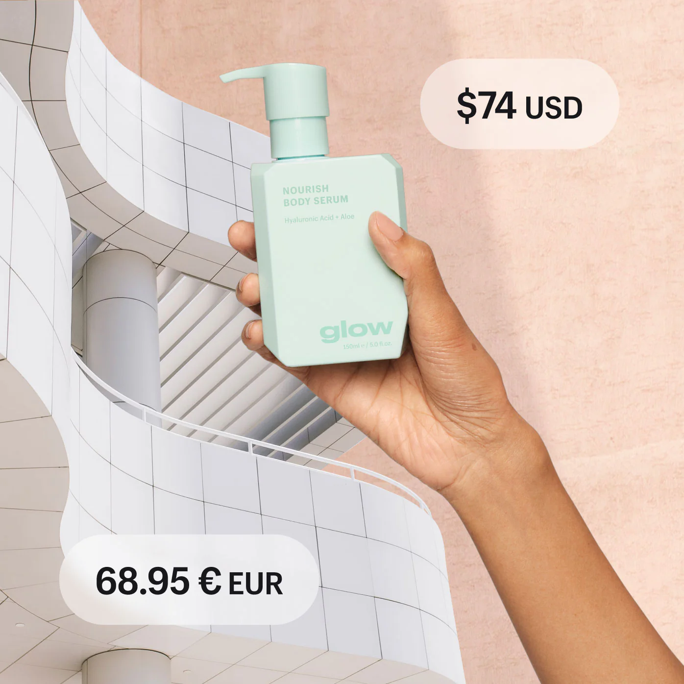 A merchant's hand holds a pale mint-colored bottle of Glow skincare product. Two graphics show the price converted from $74 USD to 70.95 € EUR.