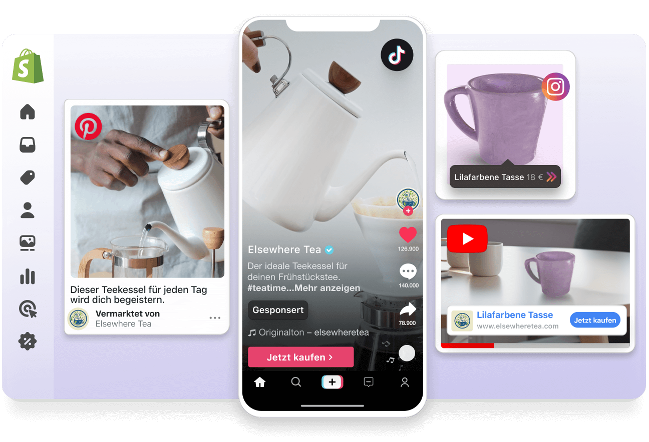 Eine abstrakte Ansicht des Shopify-Adminbereichs. Links im Fenster ein Overlay mit einer gesponserten Pinterest-Werbung und einem gesponserten TikTok-Video, in denen jeweils für eine weiße Teekanne geworben wird. Im Overlay rechts sind ein gesponsertes YouTube-Video und ein Instagram-Post mit einem Produkt-Tag für eine lilafarbene Tasse zu sehen.