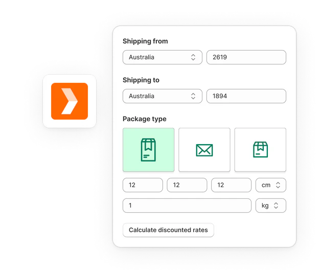 Shopify Shipping calculator illustration with a “Calculate discounted rates” button. A sealed package with Shopify logo in the foreground.