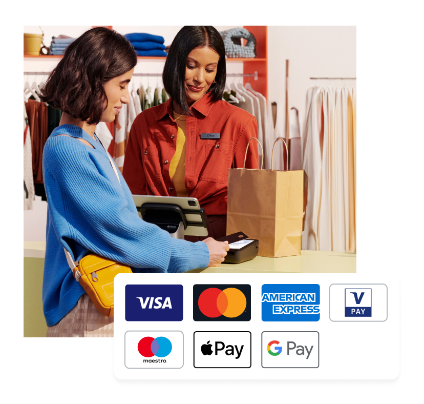 A customer makes a payment by tapping their credit card on POS Go. Above the image appear the logos for the following accepted payment types: VISA, MasterCard, American Express, VPay, Maestro, Apple Pay, and Google Pay.