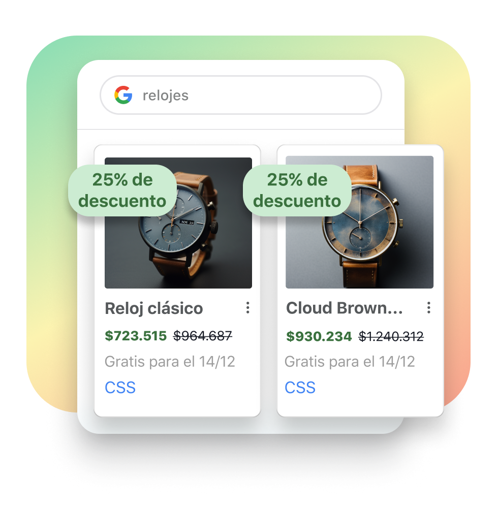 Una ventana de resultados de búsqueda de relojes en Google, bajo el filtro de compras. En la ventana de resultados de búsqueda se superponen recuadros de productos que muestran dos relojes en oferta.