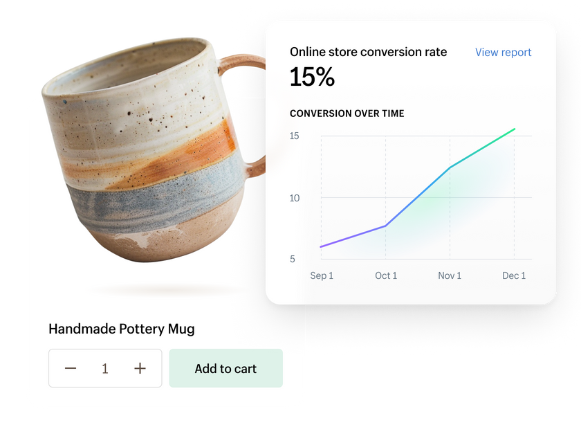 A brown designer sneaker inside a product website tile. To the right, we see a line graph showing a 15% online store conversion rate over time.