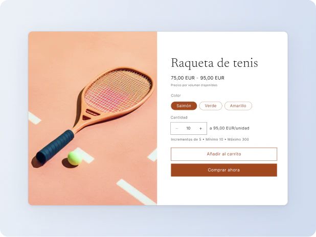 Raqueta de tenis a la venta online con opciones de compra masiva y cantidades mínimas y máximas