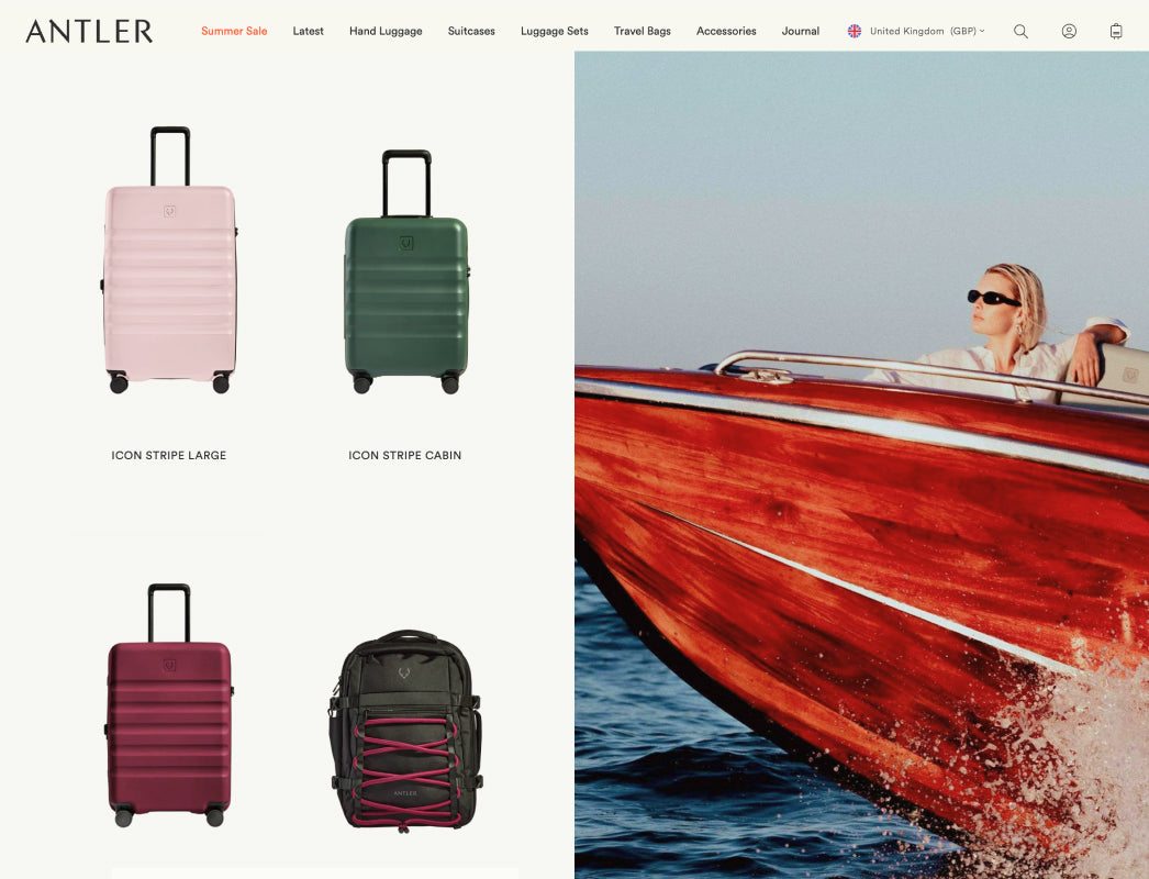 Image of website for luggage and travel brand Antler