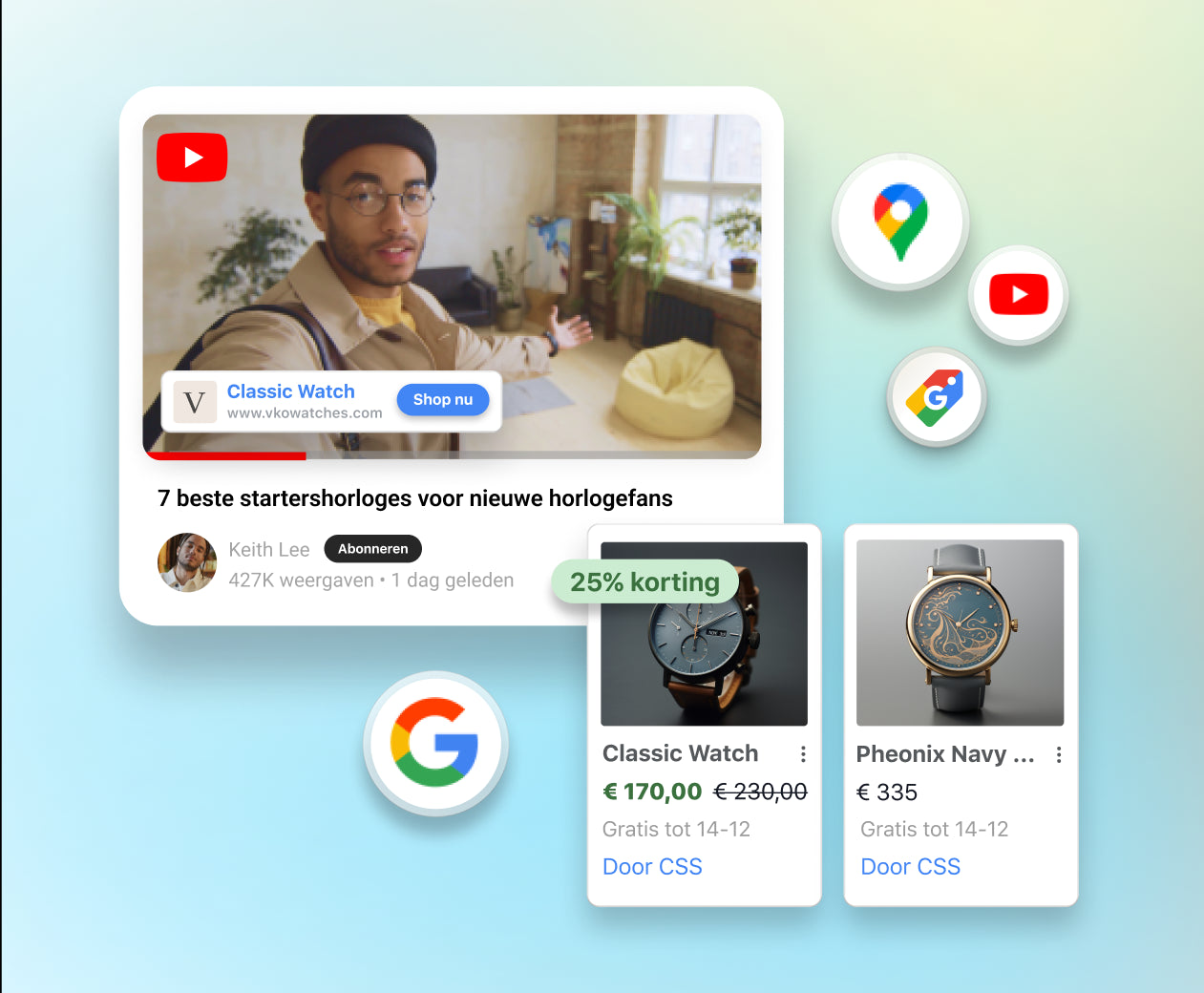 Een YouTube-video van een man die een bruin horloge draagt en in de camera praat. Producttegels met twee horloges die te koop zijn worden weergegeven over het venster van de video. Kleine logo's rondom de vensters zijn onder andere: Google, Google Maps, Google Shopping en YouTube.