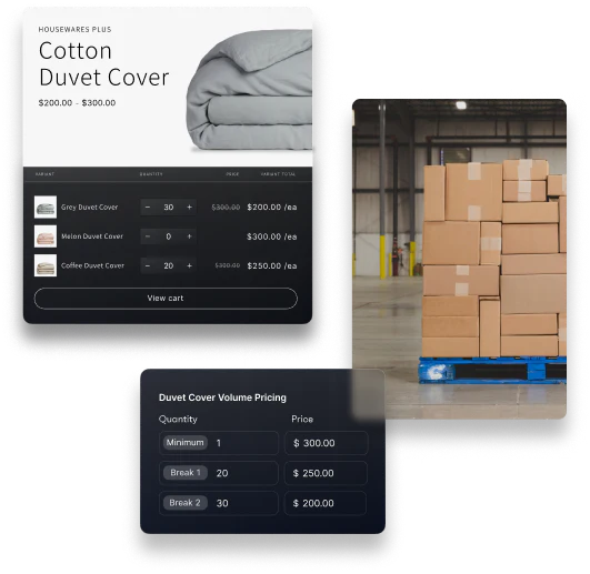 Collage showing a pallet of stacked cardboard boxes, a duvet cover for sale on a wholesale website, and a graphic showing volume pricing for the duvet cover on Shopify Plus