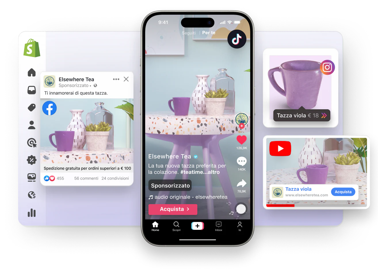 Una finestra di visualizzazione astratta del pannello di controllo Shopify. In sovrapposizione a sinistra si trovano un annuncio sponsorizzato di Facebook e un video sponsorizzato di TikTok; entrambi mostrano una tazza viola in vendita. In sovrapposizione a destra si trovano, invece, un video sponsorizzato di YouTube e un post di Instagram con un tag di prodotto; entrambi promuovono una tazza viola.