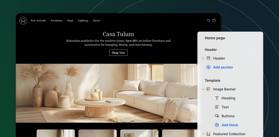 A furniture website next to a Shopify editor window.