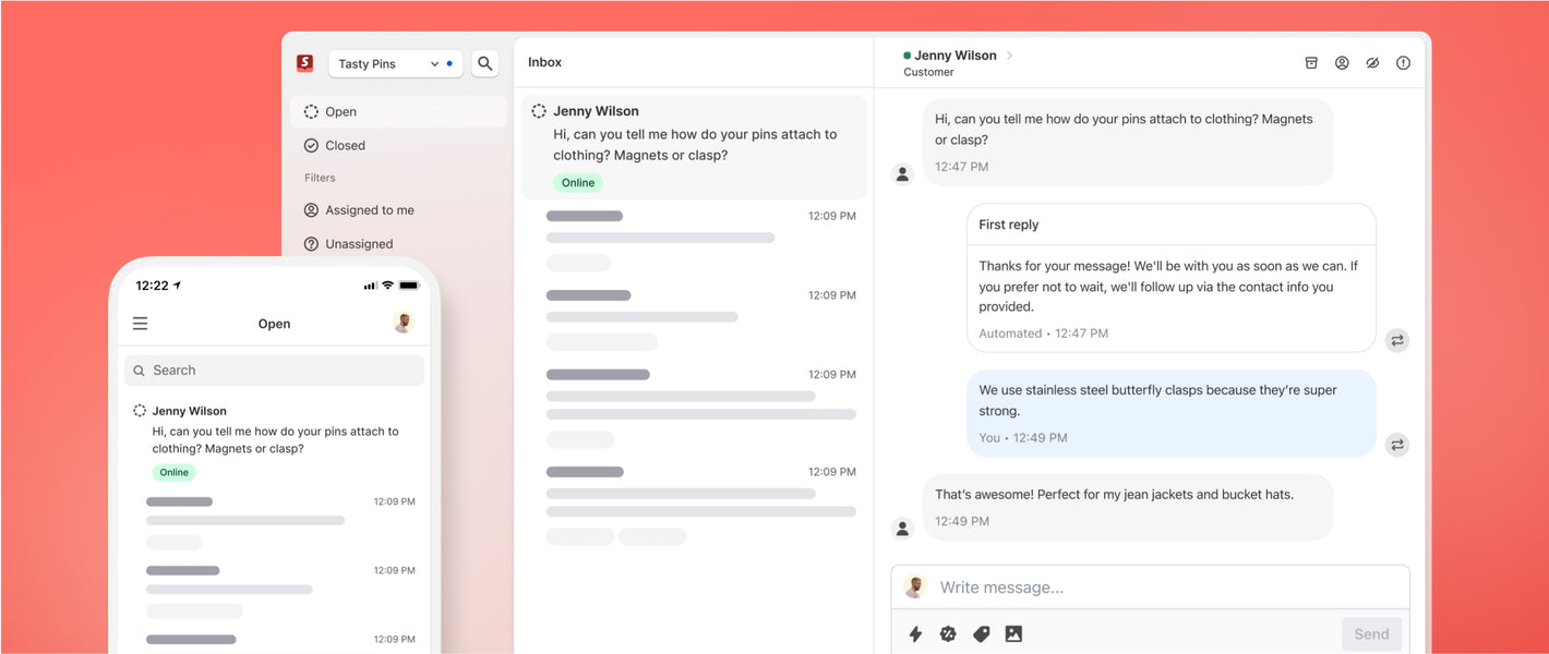 A mobile and desktop screen of Shopify inbox showing a message from customer, Jenny Wilson.