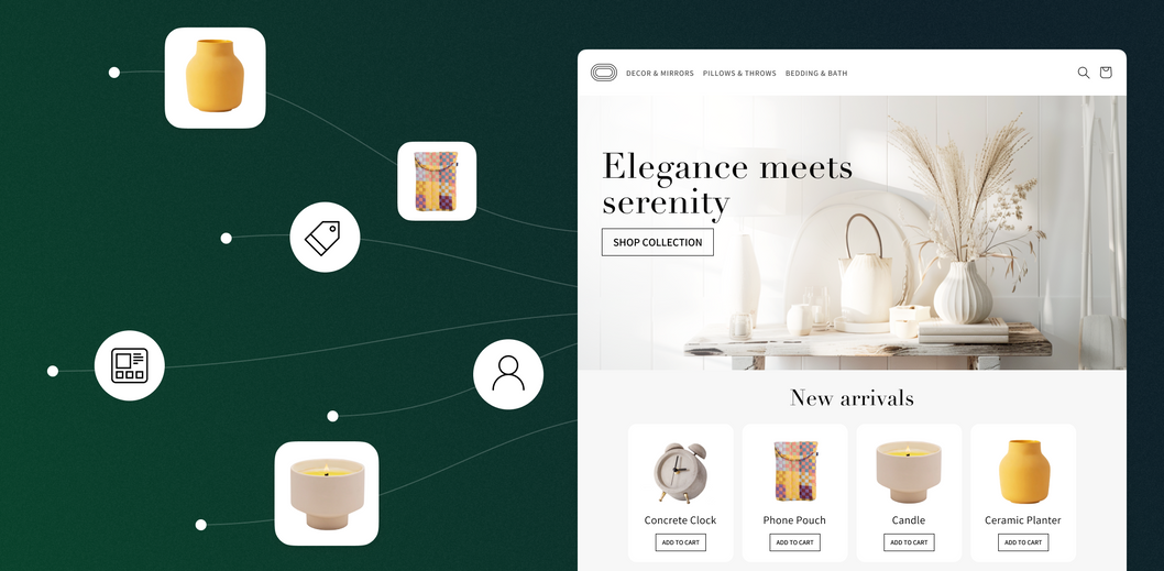 A website selling home goods with floating icons and purses around it.