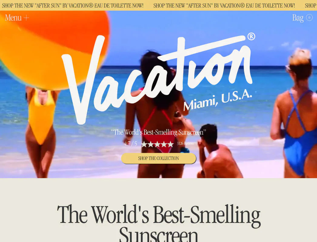 Afbeelding van de website van Vacation Inc waarop zonnebrandcrème wordt verkocht