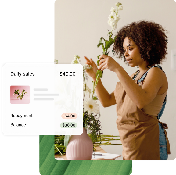 Una comerciante negra de Shopify trabajando en su florería; El panel de Capital de un comerciante de Shopify que muestra cómo se calculan los reembolsos como porcentaje de sus ventas diarias.