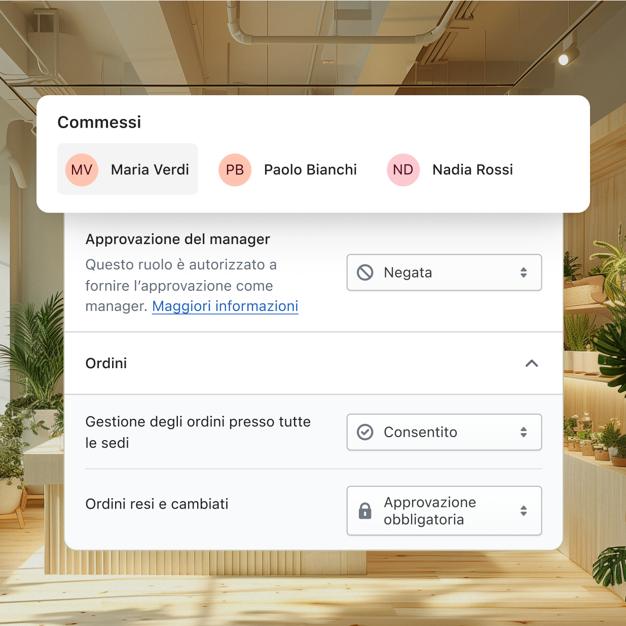 Una schermata di Shopify che mostra la possibilità di gestire lo staff e le relative autorizzazioni di accesso all’interno di Shopify POS.