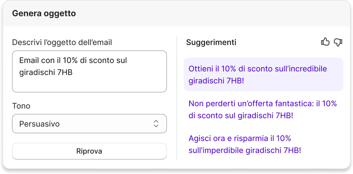 Pop-up di Shopify Magic per la generazione del corpo del testo di un’email relativa a un giradischi.