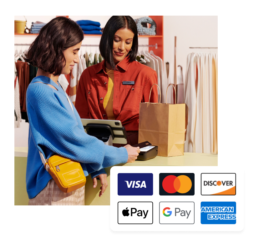 A customer taps their payment card on Shopify POS Terminal with a closeup of Shopify POS Terminal overlapping. Payment logos are included.