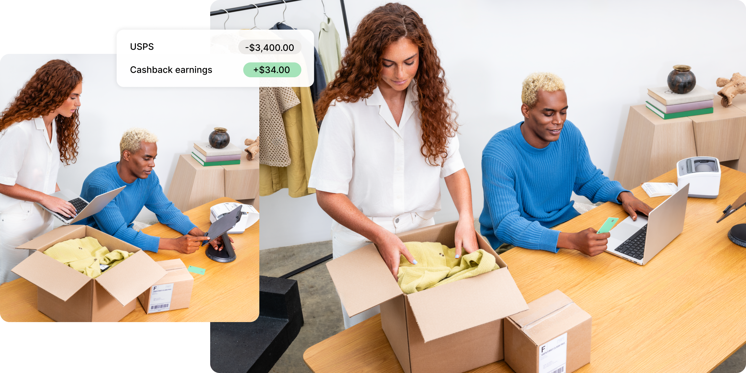 A red-headed Caucasian woman and her Black male partner work on packaging and fulfilling online orders