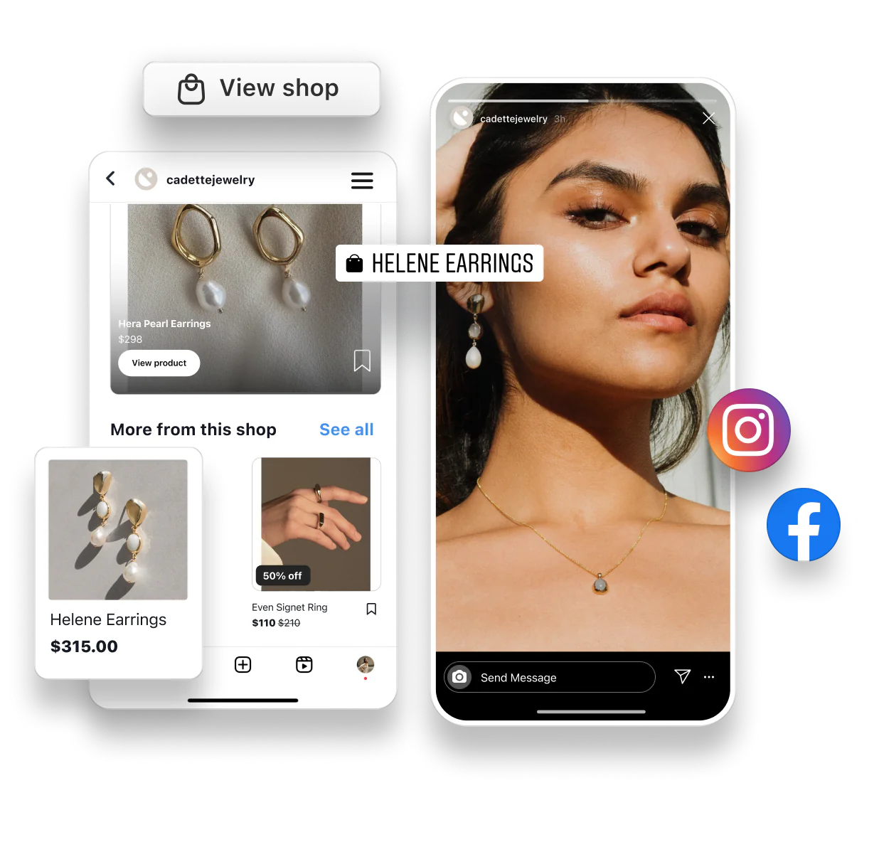 Instagram hikayesinde inci küpe ve kolye takan genç bir kadın ve küpelerin ürün etiketi yer paylaşımlı olarak yerleştirilmiş. Cadette Jewelry adlı satıcıya ait Instagram Mağazası akışında satışa sunulan takı ürünlerini gösteren arayüzün üstünde bir 'Mağazayı görüntüle' düğmesi yer alıyor. 