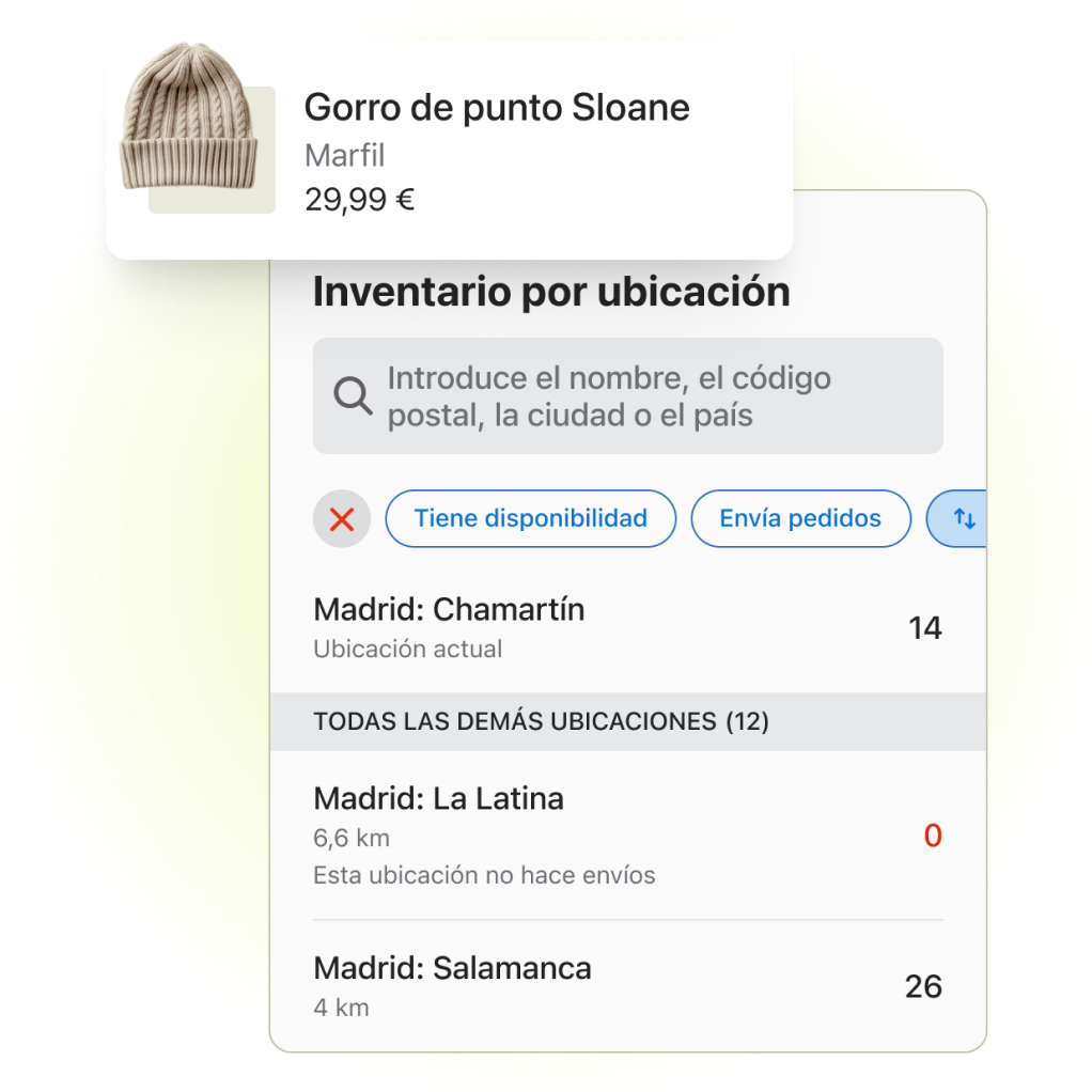 Una pequeña captura del canal Shopify Point of Sale desde el panel de administración que muestra las cantidades de inventario en 3 tiendas diferentes para un producto llamado “Gorro de punto Sloane”.