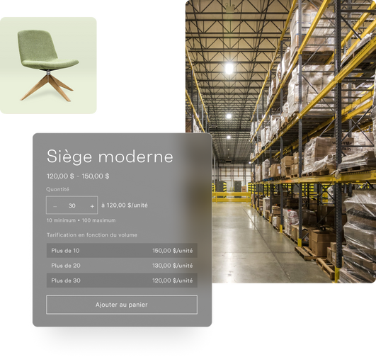 Grille de trois images montrant une chaise moderne, un entrepôt et une expérience d’achat e-commerce simple