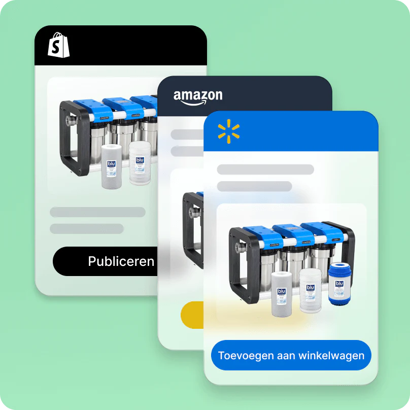 Gelaagde mobiele weergaven van hoe Blu Technology gebruikmaakt van Shopify Marketplace Connect om hun producten te synchroniseren met Amazon Marketplace en Walmart Marketplace.