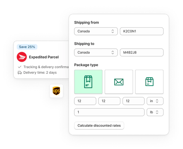 Shopify Shipping calculator illustration with a “Calculate discounted rates” button. A sealed package with Shopify logo in the foreground.