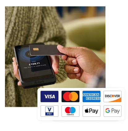 A customer makes a payment by tapping their credit card on POS Go. Above the image appear the logos for the following accepted payment types: VISA, MasterCard, American Express, Discover, VPay, Maestro, Apple Pay, and Google Pay.