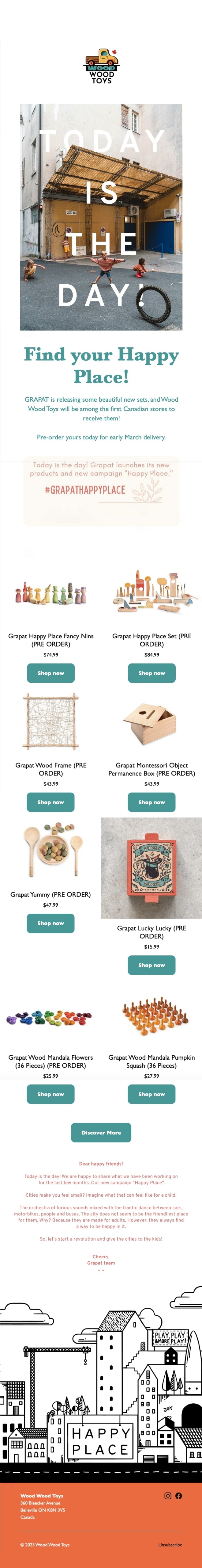 Een e-mail over prachtig nieuw houten speelgoed dat in de webshop van Wood Wood Toys verkrijgbaar is.