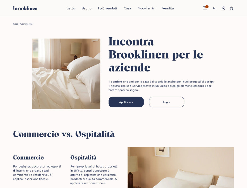 Immagine del sito web B2B del brand di biancheria da letto Brooklinen