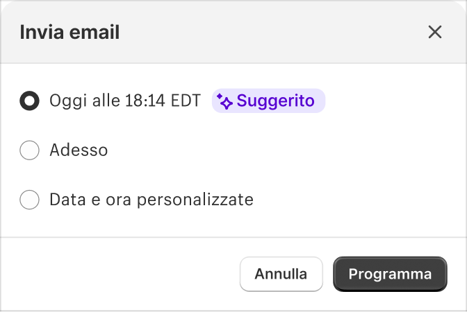 Finestra pop-up di Shopify Magic che riporta il suggerimento sull’orario migliore in cui inviare l’email con anche altre opzioni per inviarla subito o inserire un orario personalizzato