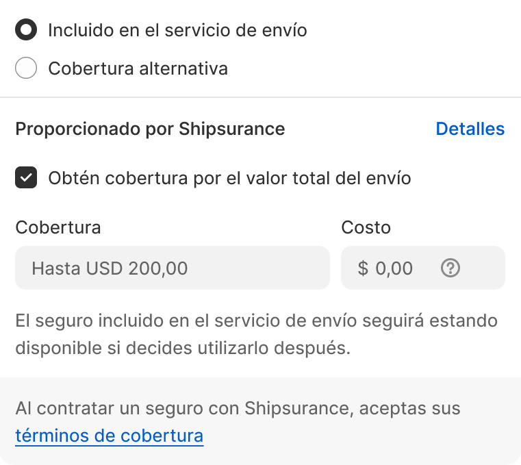 Ejemplo de pago de Shopify Shipping con cobertura Shipsurance explicada con hasta USD 200 incluidos 