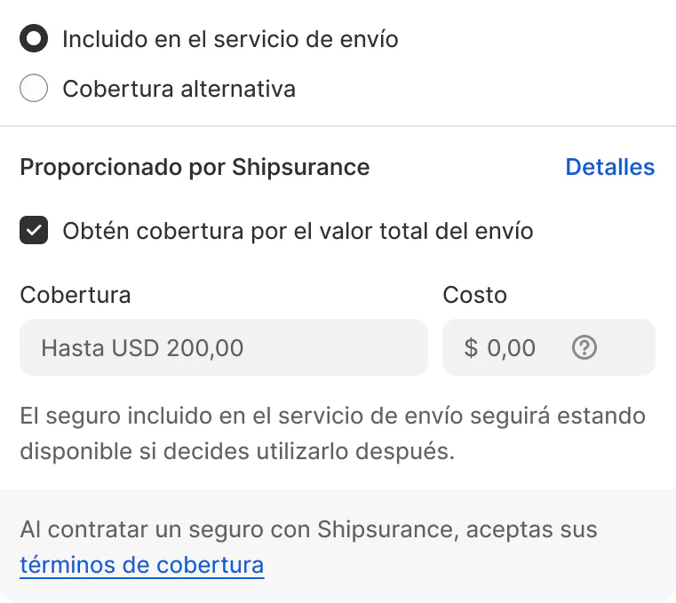 Ejemplo de pago de Shopify Shipping con cobertura Shipsurance explicada con hasta USD 200 incluidos 