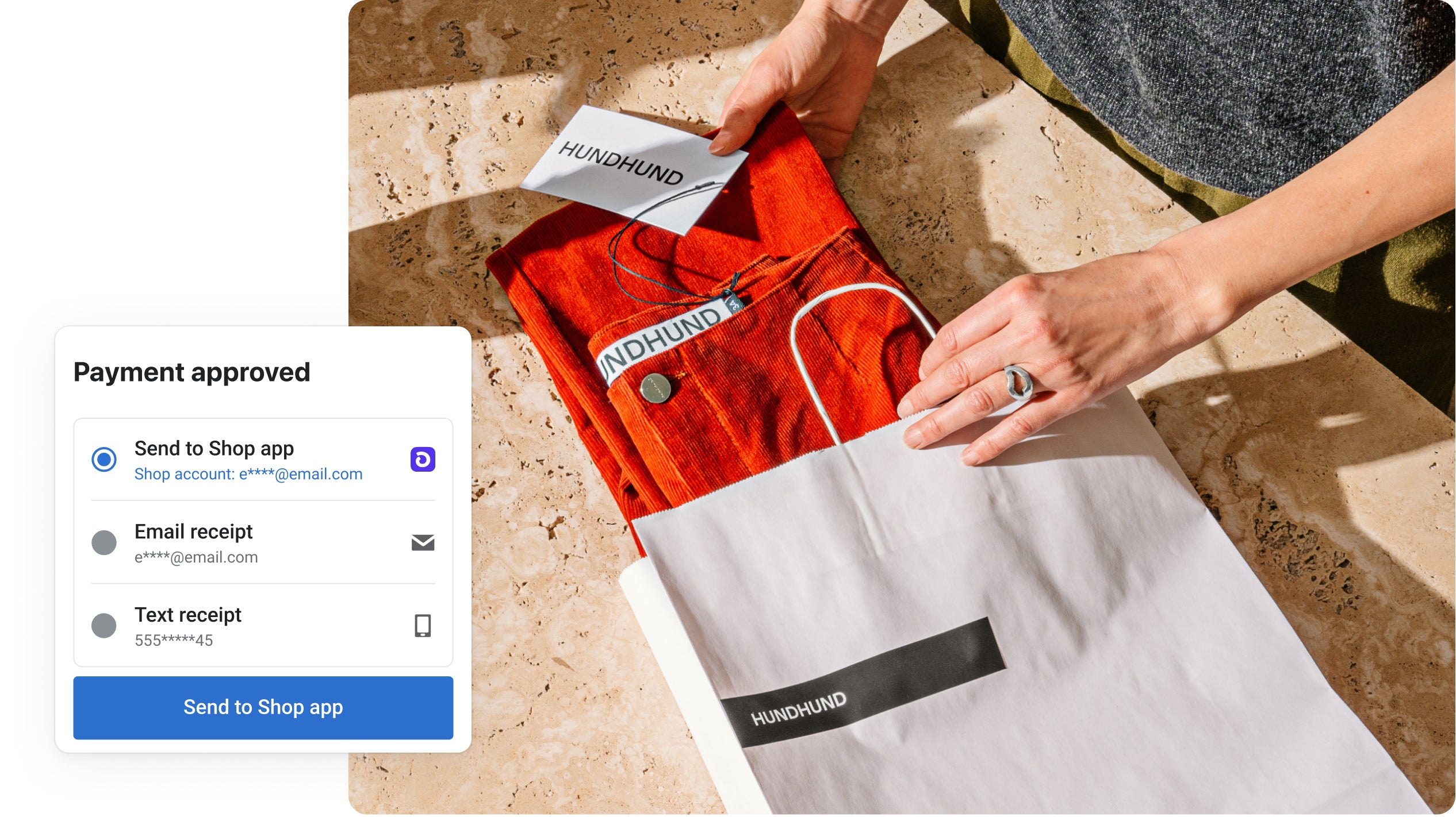 A store associate packs up a purchase while a second image highlights a Shopify POS payment screen with options to send receipt to Shop App, email or text.