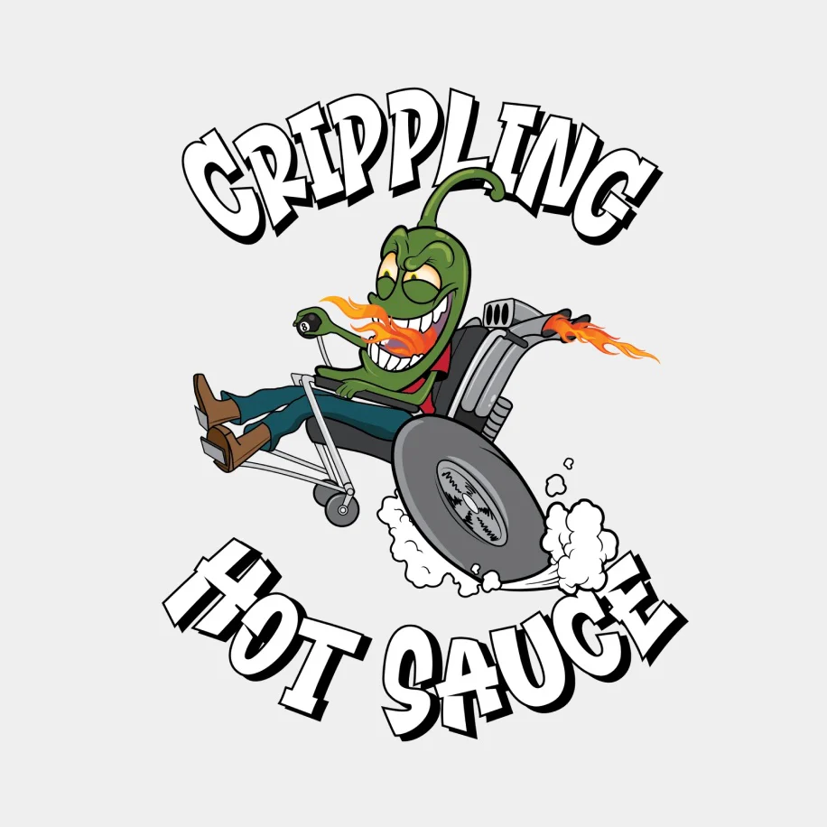 Crippling Hot Sauce logo 展示着一颗辣椒乘坐着一把高速行驶的灰色轮椅，四周火焰环绕。