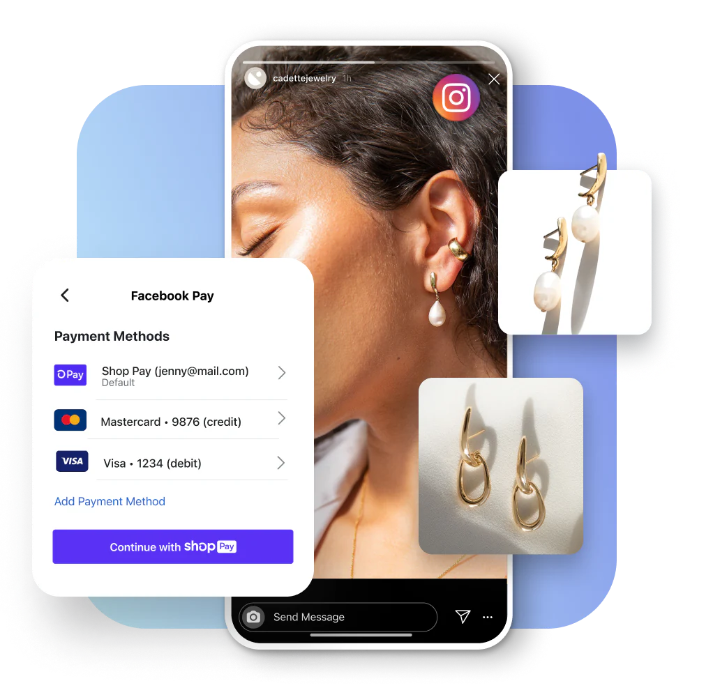 A young female wearing gold pearl drop earrings in an Instagram story. An interface showing methods of payments. Product tiles features two pairs of earrings by Cadette Jewelry.