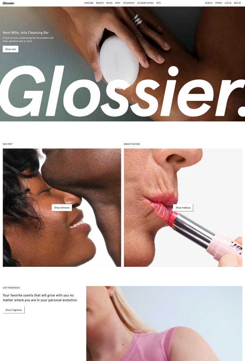 Il sito web di Glossier che vende prodotti di bellezza