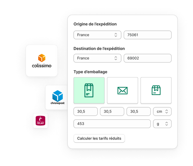 Illustration de la calculatrice de Shopify Shipping avec un bouton « Calculer les tarifs réduits ». Un colis fermé portant le logo Shopify au premier plan.