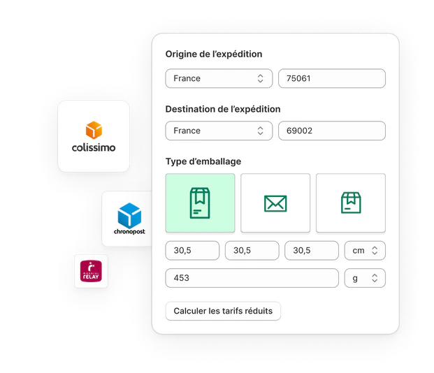 Illustration de la calculatrice de Shopify Shipping avec un bouton « Calculer les tarifs réduits ». Un colis fermé portant le logo Shopify au premier plan.