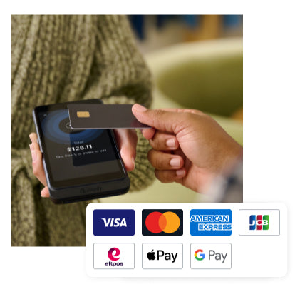 A customer makes a payment by tapping their credit card on POS Go. Above the image appear the logos for the following accepted payment types: VISA, MasterCard, American Express, JCB, eftpos, Apple Pay, and Google Pay.