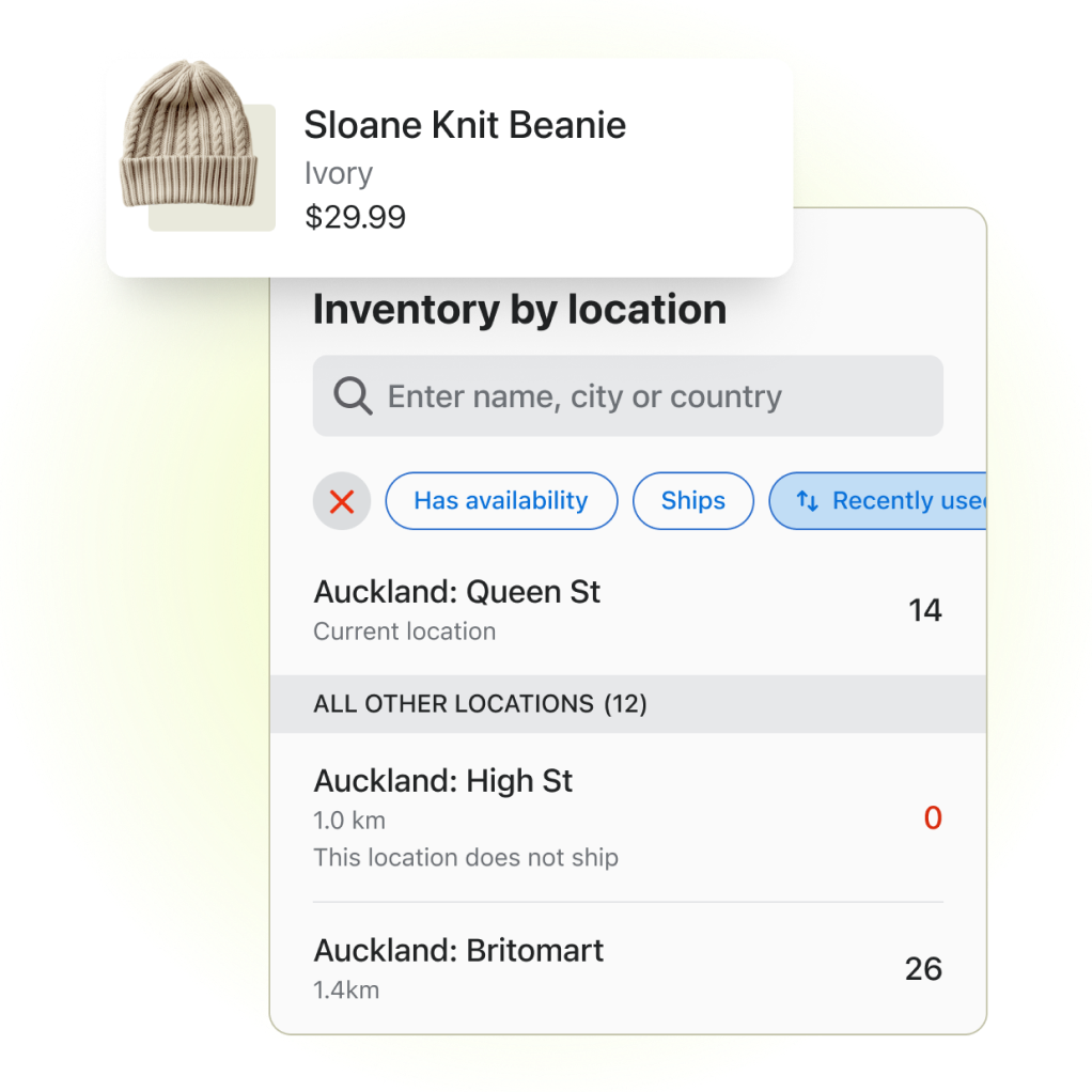 A small snapshot of the Shopify Point of Sale channel from the admin displaying the inventory amounts across 3 different store locations for a product called the Sloane Knit Beanie.