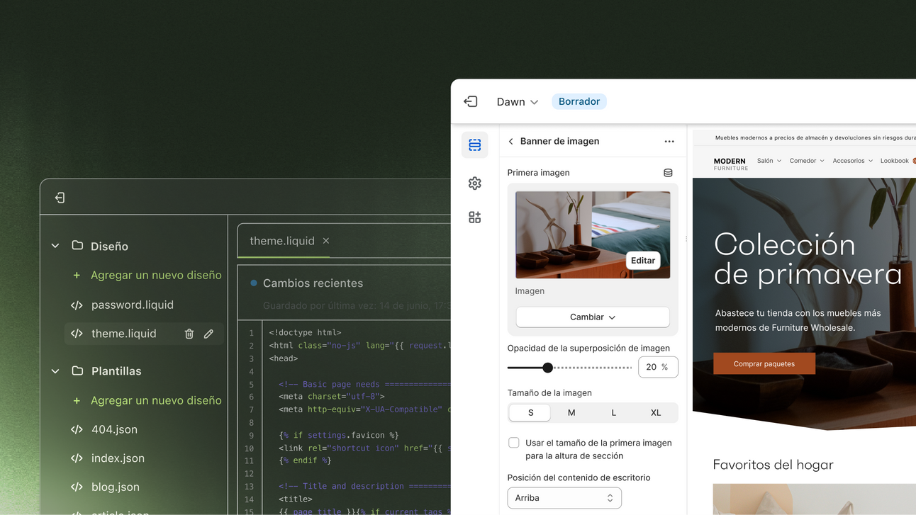 Imagen de un tema de la tienda online de Shopify junto con la herramienta del editor de temas