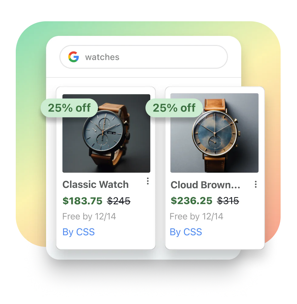 A window of google search results for watches, under the shopping filter. Product tiles that features two watches on sale are overlayed on the search results window.