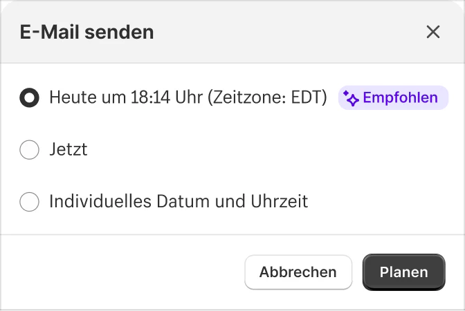 Shopify Magic-Pop-up-Fenster mit einem Vorschlag der besten Zeit für das Versenden der E-Mail und weiteren Optionen zum sofortigen Versenden oder zum Eingeben einer benutzerdefinierten Zeit